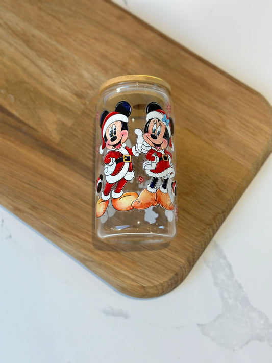 MICKEY AND MINNIE XMAS GLASS CAN